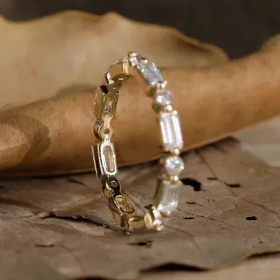 FOXI VVS Moissanite Fashion Recycled Sterling Silver 18k Gold Plated Vermeil baguette Round Bezel Eternity Ring