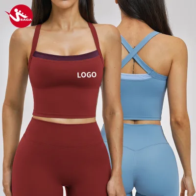 Women's False Two-piece Contrasting Cross Back Yoga Top Outdoor Sports Fitness Bra Yoga Vest for Gym & Outdoor Workout Wear