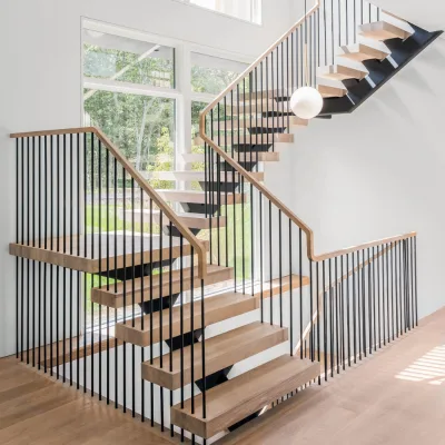 Custom Modern Floating Staircase Carbon Steel Mono Stringer with Wood Treads and Black Metal Balustrade Factory Direct Price
