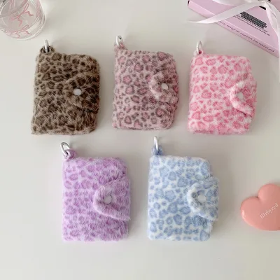 Fashionable Plush Leopard Print Zipper Storage Bag Coin Purse Double Fold Bank Card Storage Bag Portable Backpack Pendant