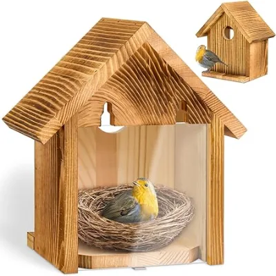 JUNJ Window Bird Houses for Outside with 2 Powerful Hooks Clear Window Bird House for Viewing Inside Hanging Wooden Birdhouse
