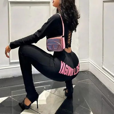 Women's Black Solid Lace Crop Top Two Piece Pants Set High Waist Casual Eco-Friendly
