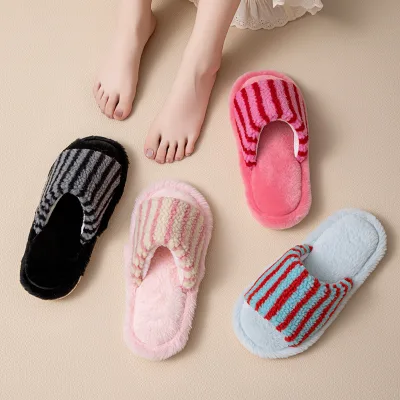 Women's Ins Mao Mao Design Home Plush Slippers Striped Cotton Winter Slippers with Contrast Colors for Amazon Cross-Border