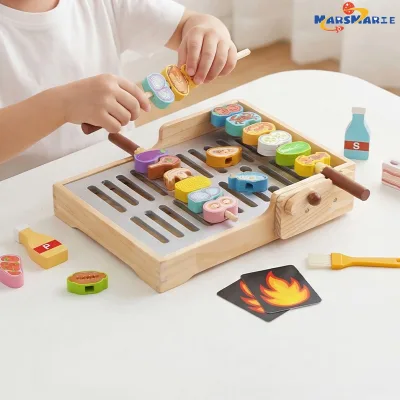 New Design Children's Simulated Seafood Vegetable Meat Barbecue Rack Toy Set Kid Wooden Pretend Play BBQ Grill Set Toy for Kids