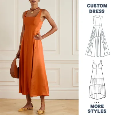 Custom Casual Fashion Spring &Summer Retro Vintage Elegant Chic Satin Sleeveless Square Collar Midi Dress for Women