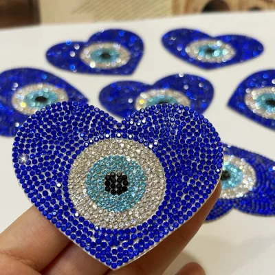 Hot Sales Rhinestone Patch DIY Clothing Rhinestone Patches Blue Devil's Eye Heart Shape for Hat Hot Fix Rhinestone Patch