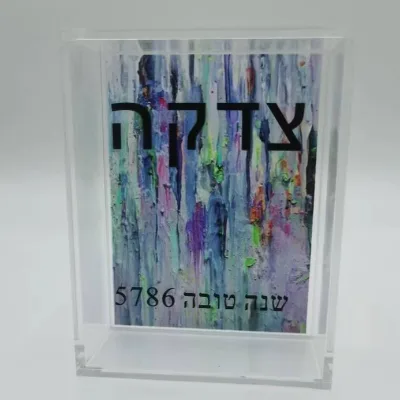 Lucite Acrylic Rectangle Plastic Traditional Jewish Multi-functional Tzedaka Donation Box Elegant Carved Design Customizable