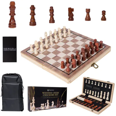 Popular Wholesale Chess Set With Bordure Foldable Wooden Chess Board Game Set for Gift
