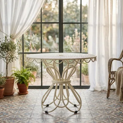Modern Outdoor French Style Iron Round Bistro Table with Scalloped Edge Detail Perforated Mesh Top Garden Cafe Hotel