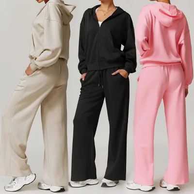 High Quality Breathable Clothing Set Custom Logo Two Piece Suits Solid Color Plain Tracksuit Hoodie Sweatsuit Women's Sets