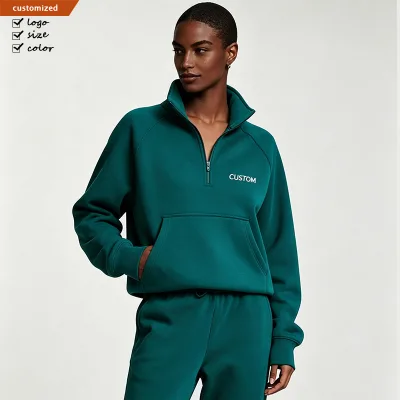 Custom Quarter Zip Sweatshirt Kangaroo Pocket Funnel Neck Pullover Embroidered Logo Green Women Sweatshirt Manufacturer