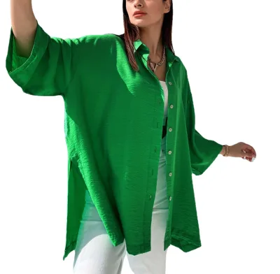 Women's Spring Summer Casual Blouse Shirt Comfortable Loose Trumpet Sleeve with Slit Solid Color Crocheted Weave Breathable