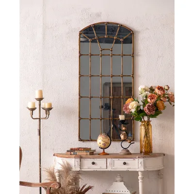 Window Style Arch Mirrors European Antique Metal Craft Gold Frame Decorative Full Length Wall Mirror