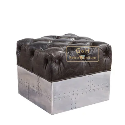 Ottoman in Antique Leather and Aluminum