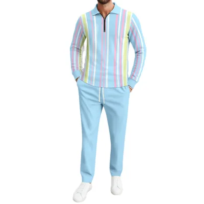 Hot Selling Men's Printed Striped Half Zipper Long Sleeved Polo Shirt and Pants Two-piece Casual Loose Fashion Set for Autumn