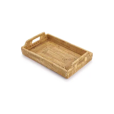 Rattan Tray with Handle, Hand-woven Decorative Tray Can Store Breakfast Drinks, Snacks, Rectangular Basket Storage Tray