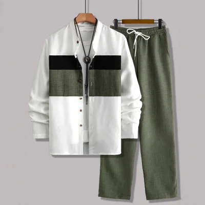 Mens Two-Piece Set Spring/Autumn Casual Stand-Neck Long-Sleeve Contrasting-Color Patchwork Button-Up Shirt and Pants