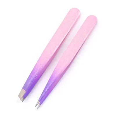 Fancy Stainless Steel Pink Purple Epoxy Silicone Cosmetic Slanted Pointed Eyebrow Hair Plucking Tweezers
