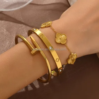 Fashionable Lady Stainless Steel Gold Bracelet with Diamond Nails High-end Feel 18K Gold Non-fading Bracelet Wholesale