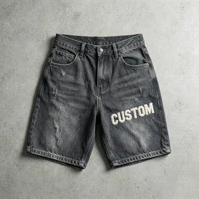 Custom Applique Embroidered Patches Distressed Streetwear Acid Wash Distressed Jeans Denim Shorts for Men Loose Jean Shorts