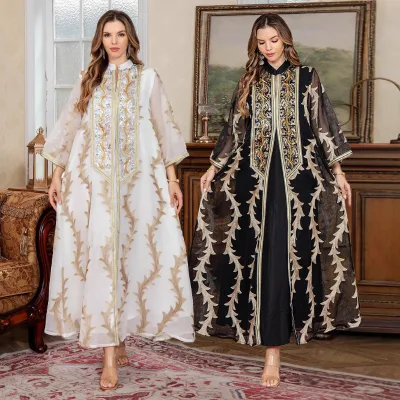 Summer New Mesh Embroidered Polyester Robe Party Dress Middle East Long Sleeve Muslim Women's Robe Women's Clothing