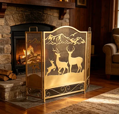 Fire Beauty Fireplace Screen 3 Panel Wrought Iron Spark Guard 48"(L) X30" Classic Rose Gold Black Deer Decoration