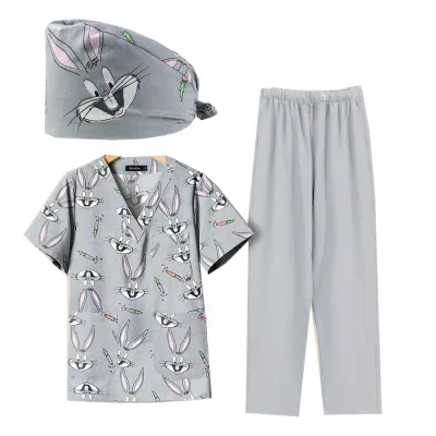 Custom Printing Scrubs Uniforms For Beauty Salon Women Hospital Medical Nursing Cartoon V Neck Printed Scrub Tops Pants Set