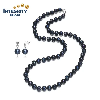 8mm off Round AA- Pearl Necklace and Earring Set Dyed Black Color Wholesale Price Cheap Girls Pearl Jewelry Set