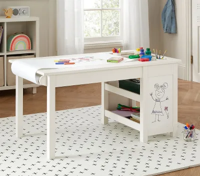 Children Drawing Table for Kids Activity for Art and Craft with Roll Paper and Storage Shelves Wooden Table Activities Child