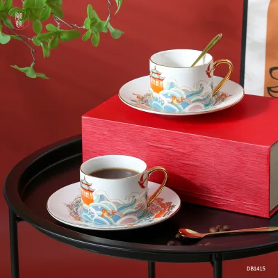 European Ceramic Coffee Mug and Saucer Set with Custom Logo Cartoon Style Eco-Friendly 235ml Capacity for Ramadan