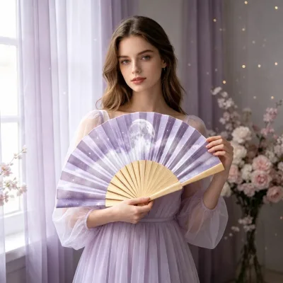 BSBH Handheld Wooden Fan Natural Wood Classic Style Foldable Moon Design Painted Travel with Design 23cm for Wedding Party Decor