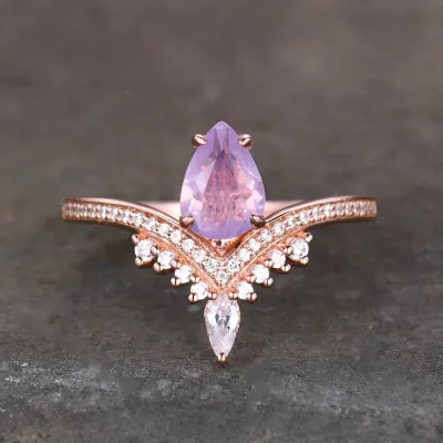 Vintage Pear Shaped Lavender Amethyst Ring 925 Sterling Silver Art Deco Curved Women Wedding Ring Bridal Promise Rings