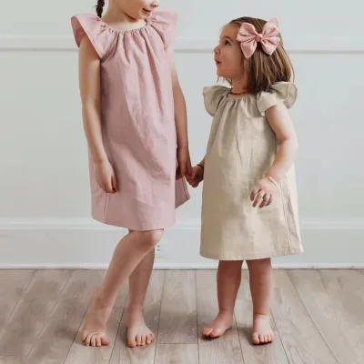 OEM ODM Baby Girl Linen and Cotton Dress Summer Solid Linen Little Girl Party Dress Kids Girl Cotton Dress