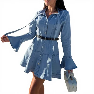 26-Year-Old European American Cross-Border Retro Skinny Bow-Knot Tied Casual Belt Distressed Long-Sleeve Denim A-Line Midi Dress