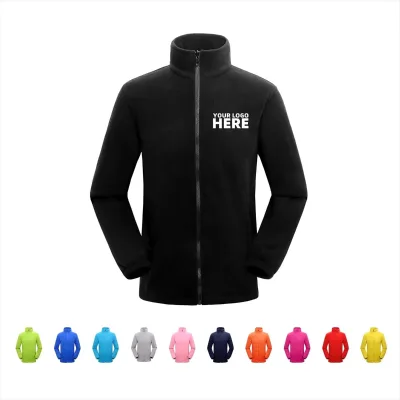 OEM Printed Logo Polar Fleece Zip up Jacket Solid Color Stand Collar Fleece Coat Bulk Business