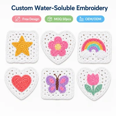 Custom Water Soluble Embroidery Patches Kawaii Rainbow Butterfly Heart Star Flower Lace Motifs for Clothing Wholesale