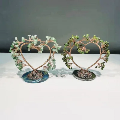 Agate Base Lucky Tree Crystals Crafts Green Prehnite Heart Shape Money Tree with Crystals for Christmas