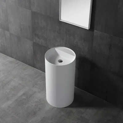 Solid Surface Pedestal Bathroom Sink Unique Round Table Shape Wash Basin