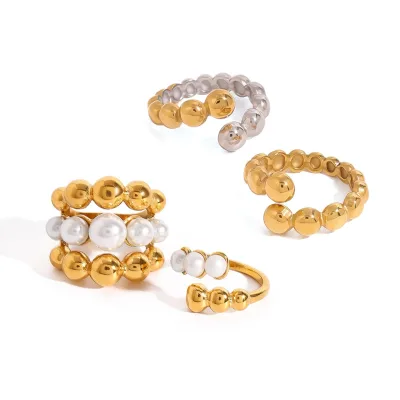18K Gold Plated Stainless Steel Statement Fashion Ring Modern Elegant Pearl Ball Layered Ring for Weddings Engagements Parties