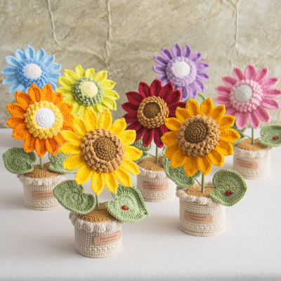 Decorative Handmade Crochet  Knitting Flowers Plants Yarn Sunflower Potted Plant Decoration Handmade Crochet Flower Bouquet