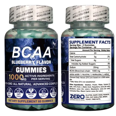 Private Label Vegan Energy BCAA Blueberry Gummies Muscle Recovery Growth Energy Support Tasty Gluten Free