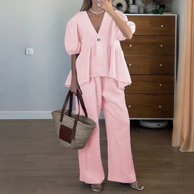 Solid Color Holiday Suits Vacation Short Sleeve T-Shirt and Long Pants Set for Women Set 2 Pieces Sets