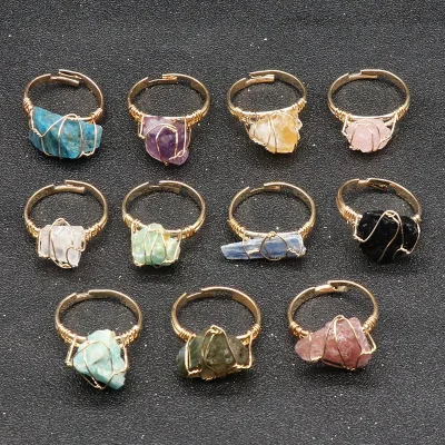Natural Rose Quartz Rough Stone Wire Wrapped Rings Blue Apatite Adjustable Ring for Gift
