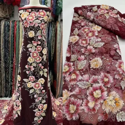 New Design Polyester Embroidery Bead Lace Fabric Luxurious 3D Floral Mesh Sequins Wedding Party Fashion Cheongsam