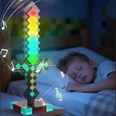 Pixelated Diamond Sword 13 Colors Change USB Rechargeable LED Lamp with Sound and Base