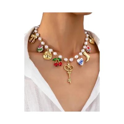 Cherry Cowboy Hat Boots Key Multi-Pendant Necklace Hand-Painted Ceramic Flower Bow Trendy Ball Shape Imitation Pearl Alloy Link