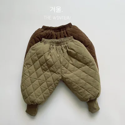 Winter Clothes Korean Children's Retro Cotton Pants for Boys Lingge Leggings Cotton Clip Warm Pants Custom Solid Children"S