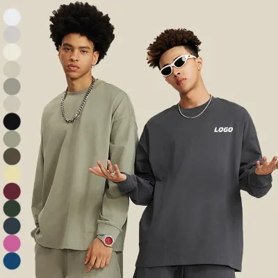 XS-XL Long Sleeve Solid 100% Cotton Woolen Breathable Unisex Crew Neck Men's Oversize High Street Vintage T-shirt