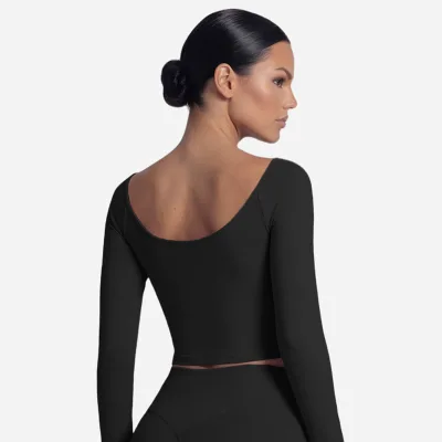 Ladies Long Sleeve Yoga Shirt Breathable Criss Cross Neck Tight Fit Ballet Inspired Fitness Activewear for Pilates Workout