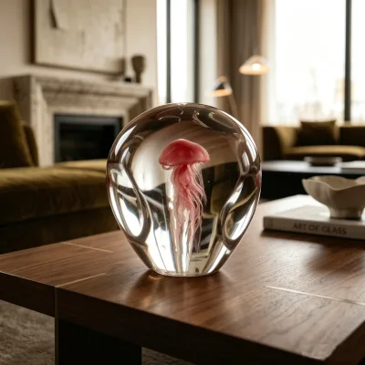 Contemporary Ocean Hand Blown Jellyfish Art Glass Sculpture Pink 3D Encased Tentacle Figurine Centerpiece for Hotel Decor